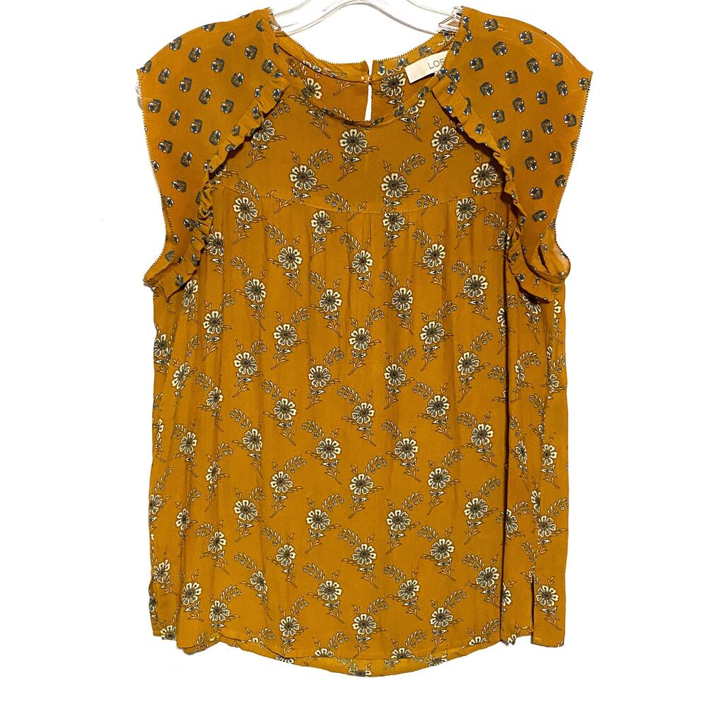 Loft Orange Floral Top Blouse S Peasant Cottage Boho Chic Prairie Ruffles Flowy - Picture 1 of 8